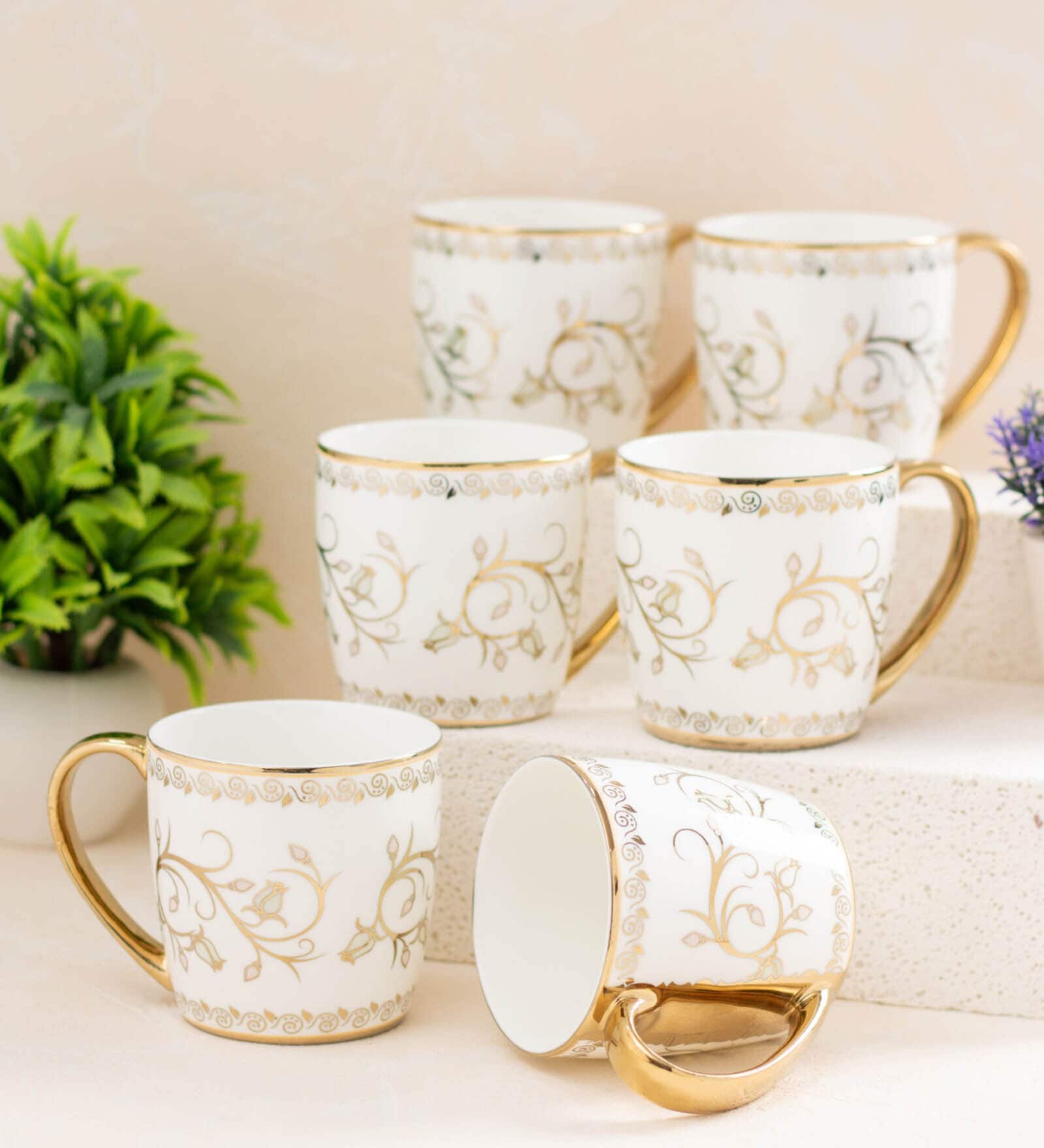 White Fine Ceramic Alton Ebony Tea Cup Set Of 6