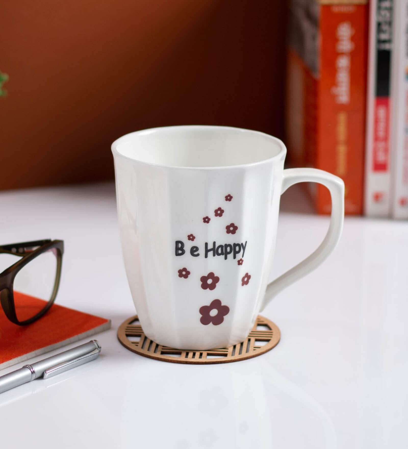 White Fine Ceramic Bingo Procelain Be Happy Milk Mug 1 Piece -430 ml