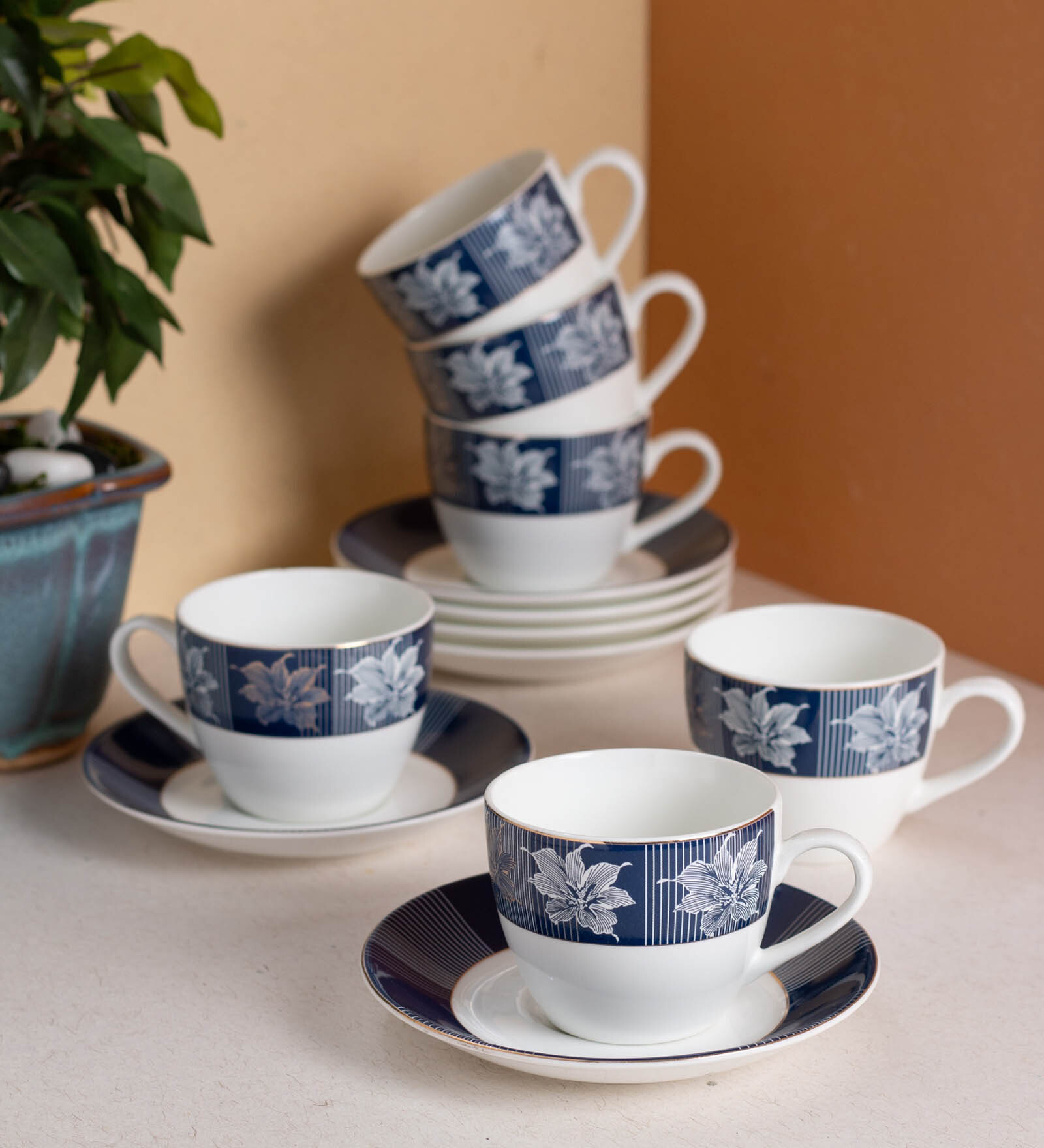 Blue Fine Ceramic Cream Royal Cup & Saucer Set Of 12