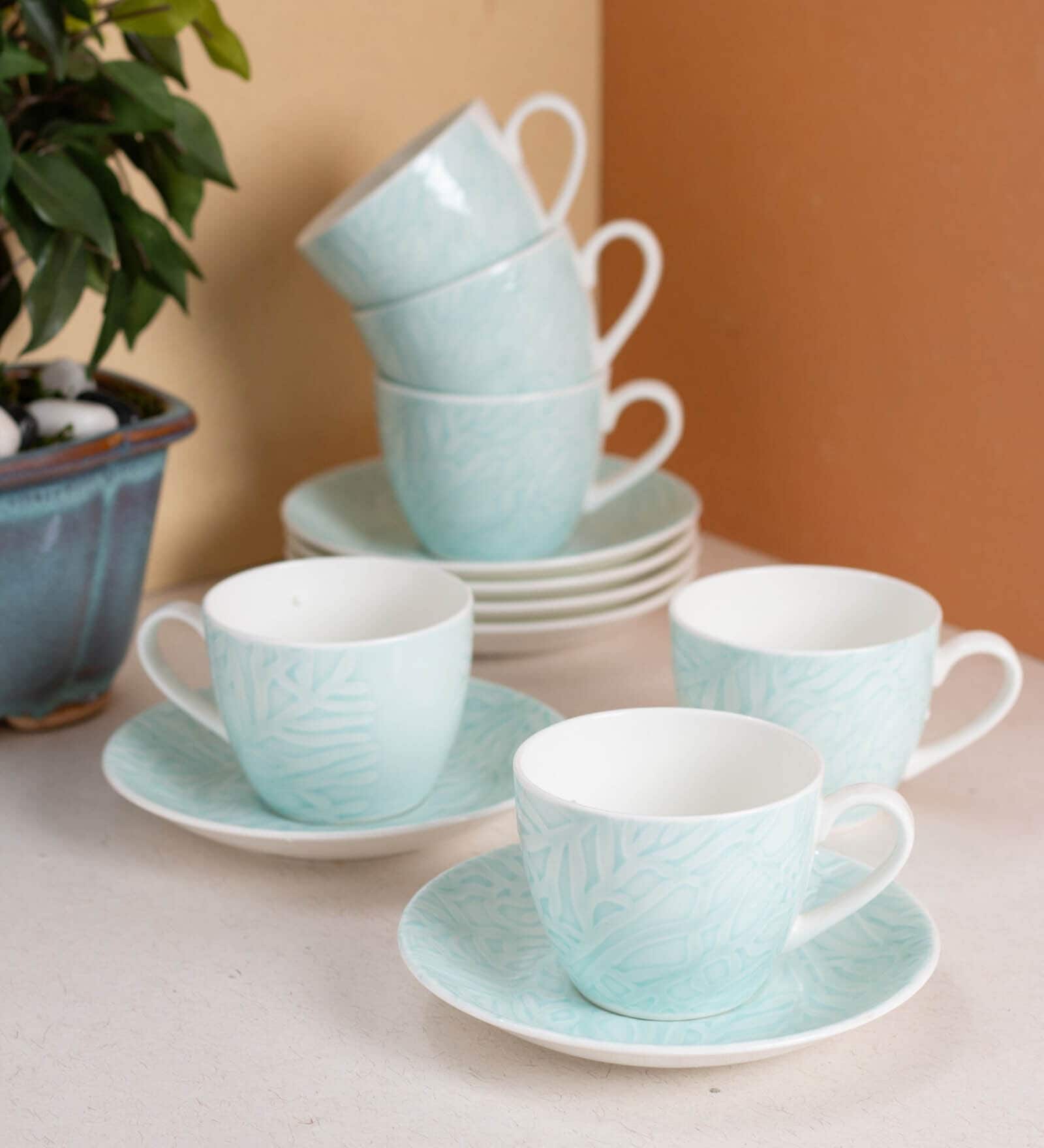 Green Fine Ceramic Cream Vanilla Cup & Saucer Set Of 12
