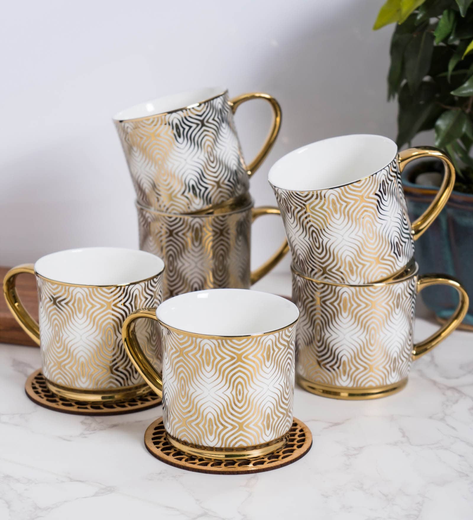 Gold Fine Ceramic Fresco Ebony Tea Cup Set Of 6
