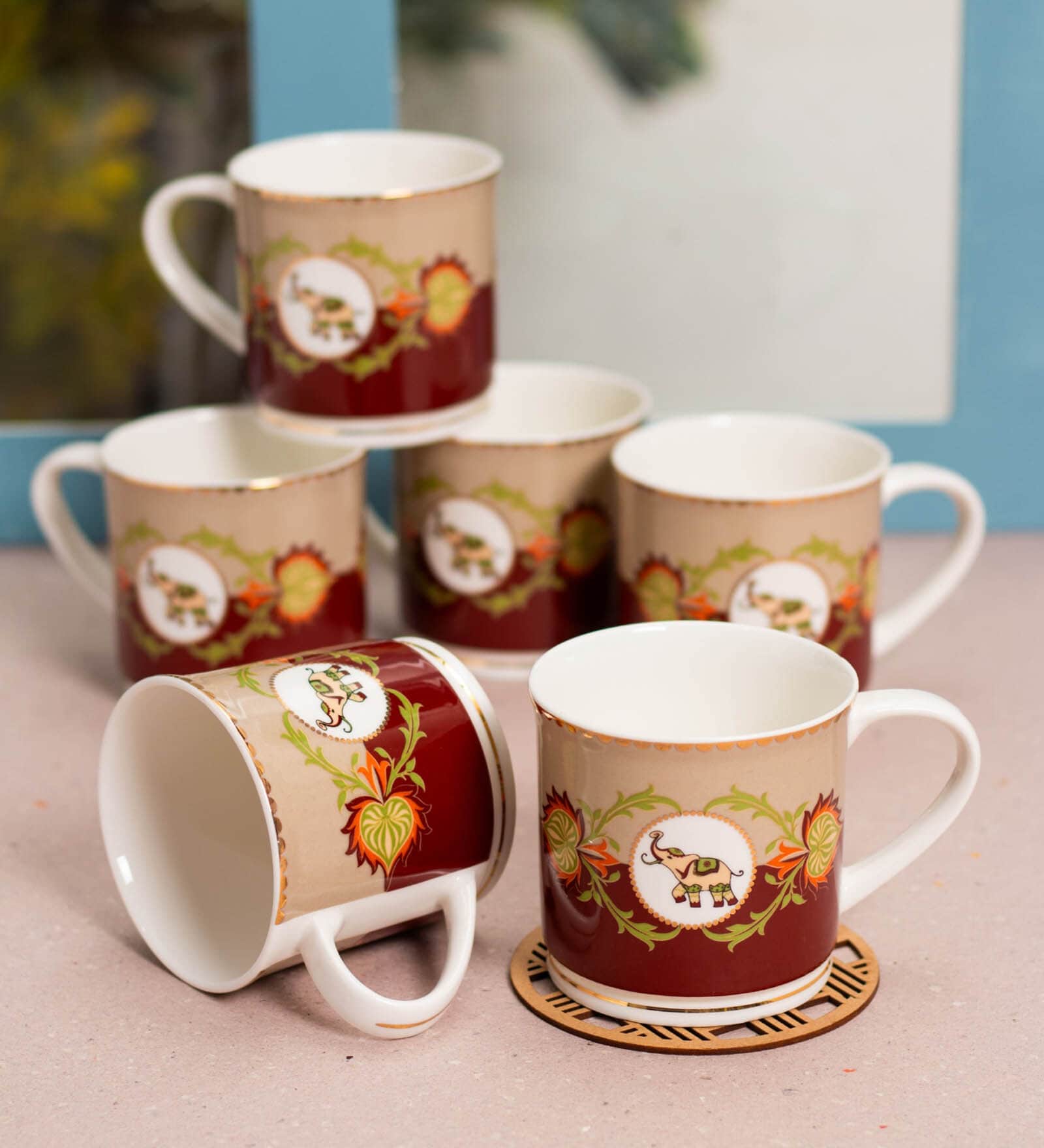 Maroon Fine Ceramic Fresco Ziva Tea Cup Set Of 6