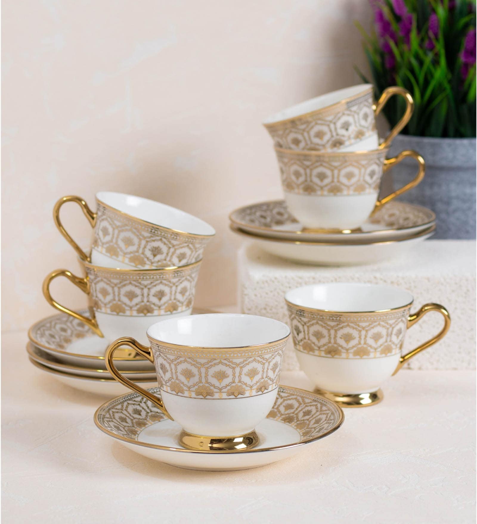 Gold Fine Ceramic Georgian Ebony Cup & Saucer Set Of 12