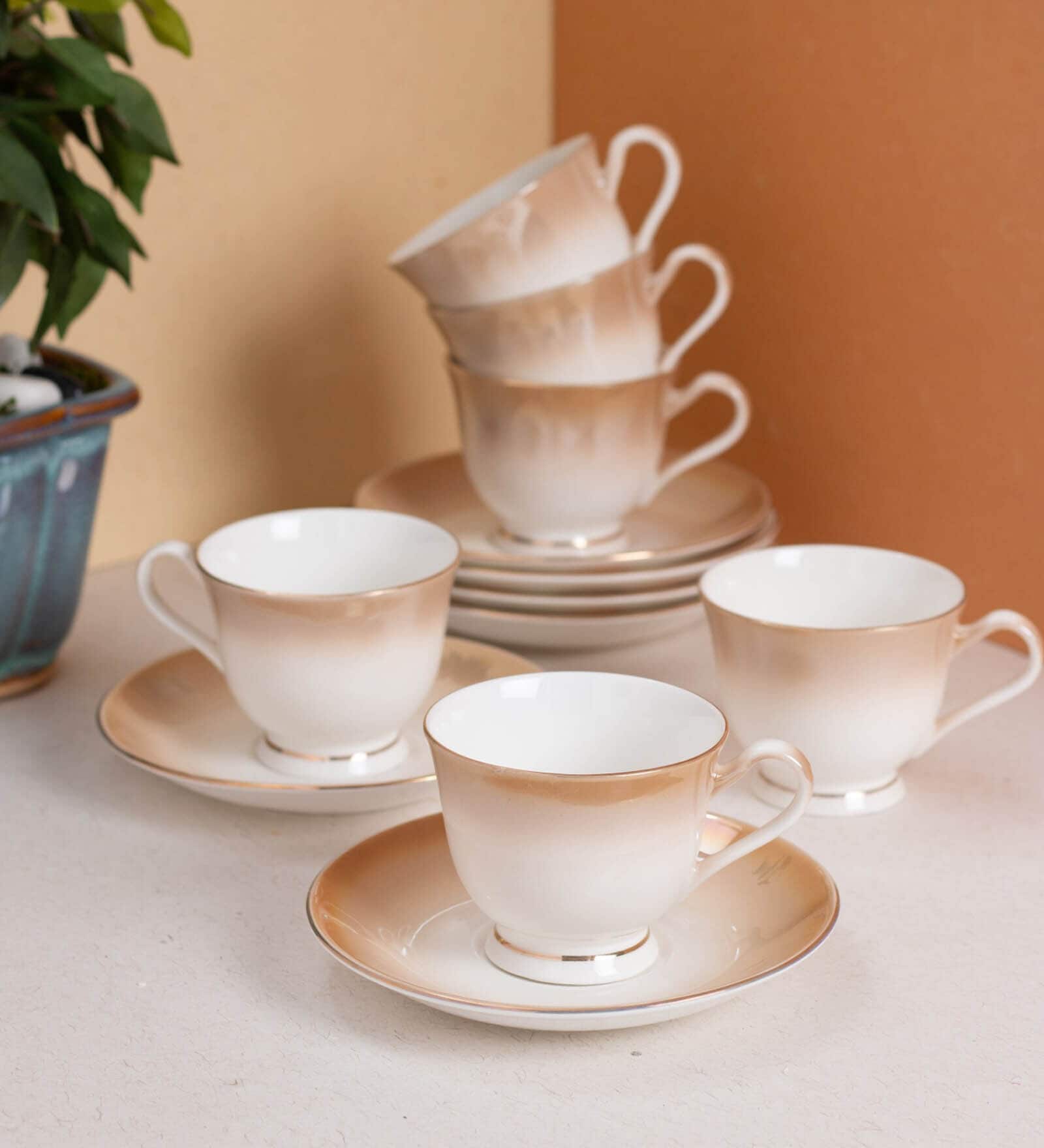 Grey Fine Ceramic Georgian Shine Cup & Saucer Set Of 12- 160 ml