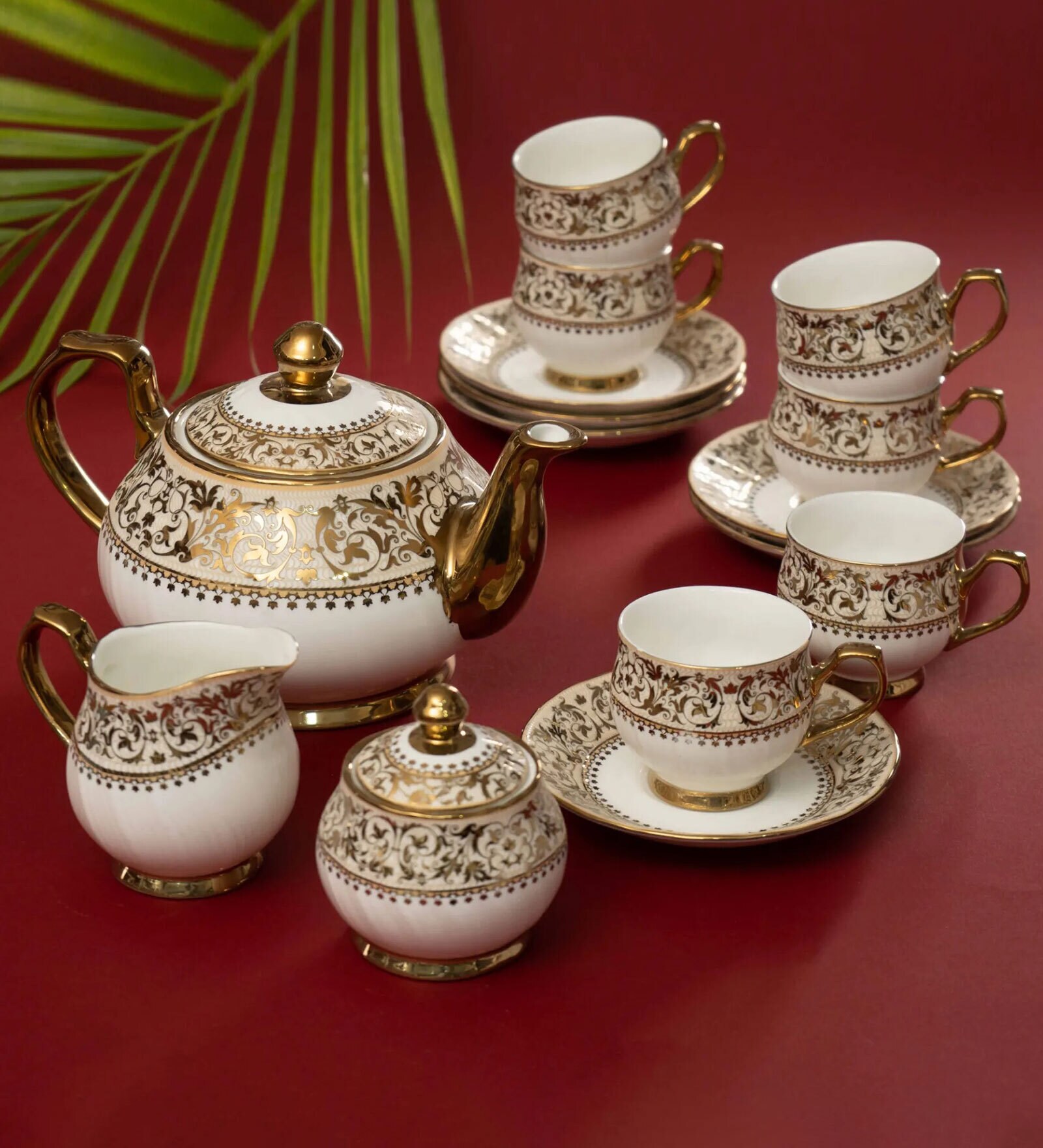 Gold Fine Ceramic Karina Ebony Tea Set Of 15
