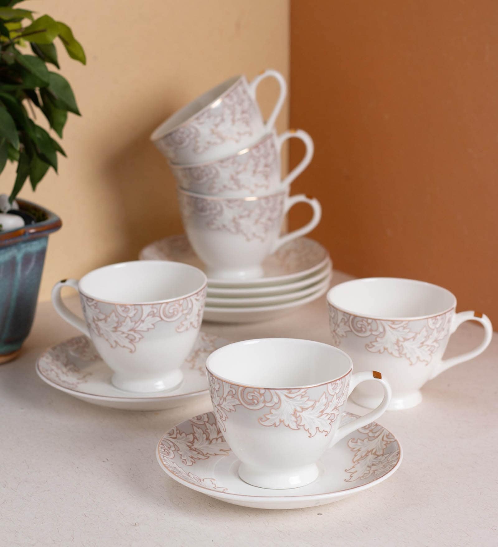 Beige Fine Ceramic King Crysta Cup & Saucer Set Of 12