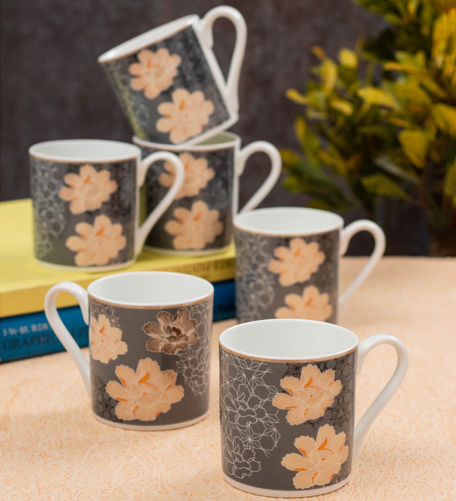 Black Fine Ceramic Melon Hilton Tea Cup Set Of 6