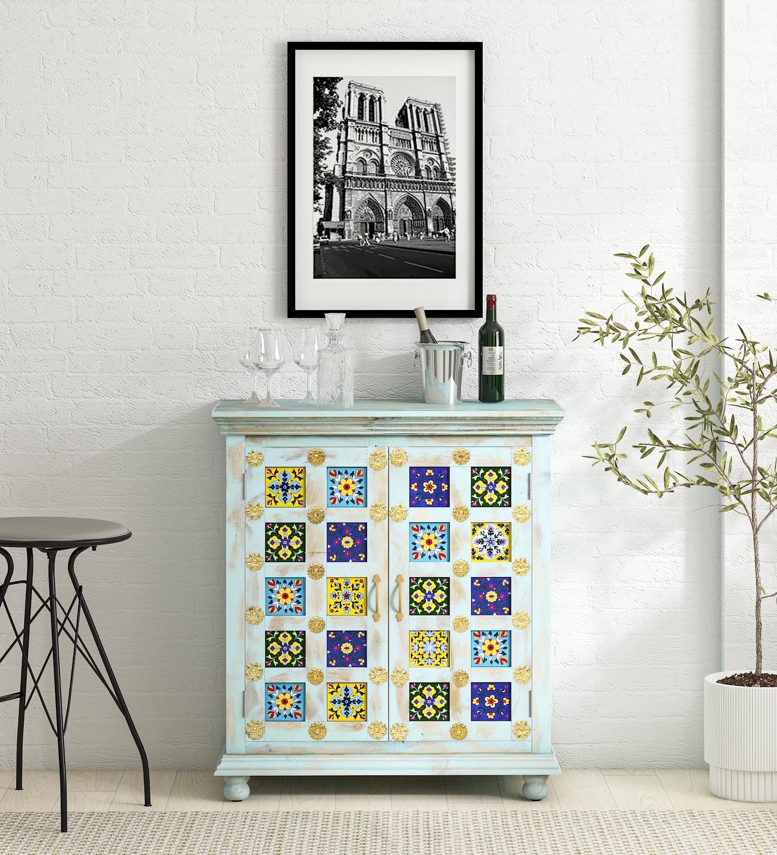 Finley Solid Wood Bar Cabinet In Distress Finish