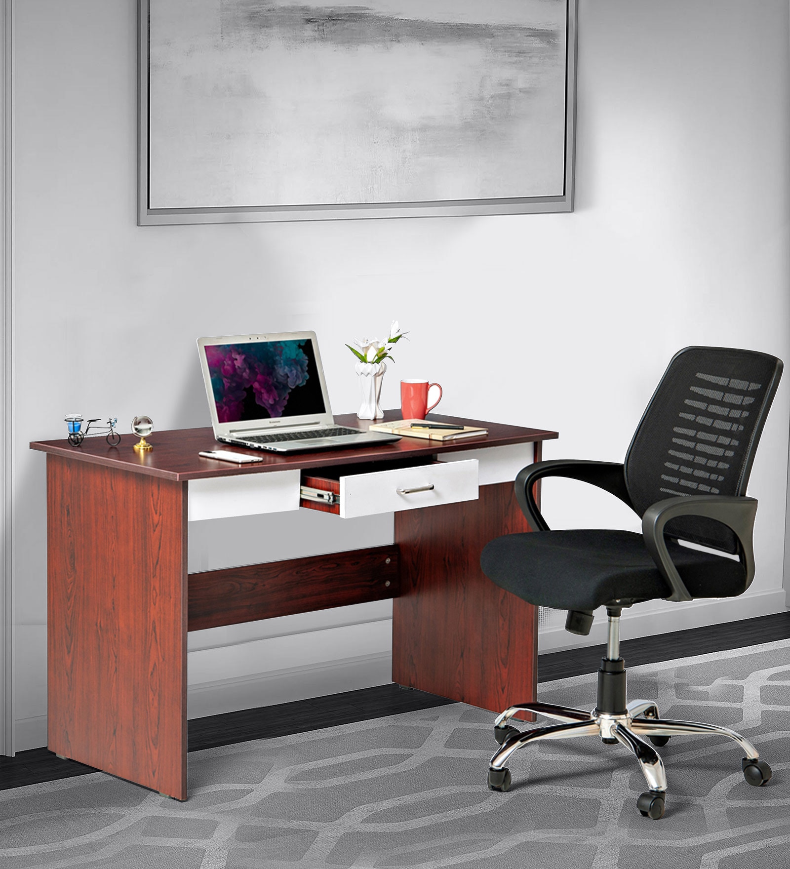 Finly Study Desk And Lorem Medium Back Chair (Combo) In Brown & White Finly Study Desk And Lorem Medium Back Chair (Combo) In Brown & White