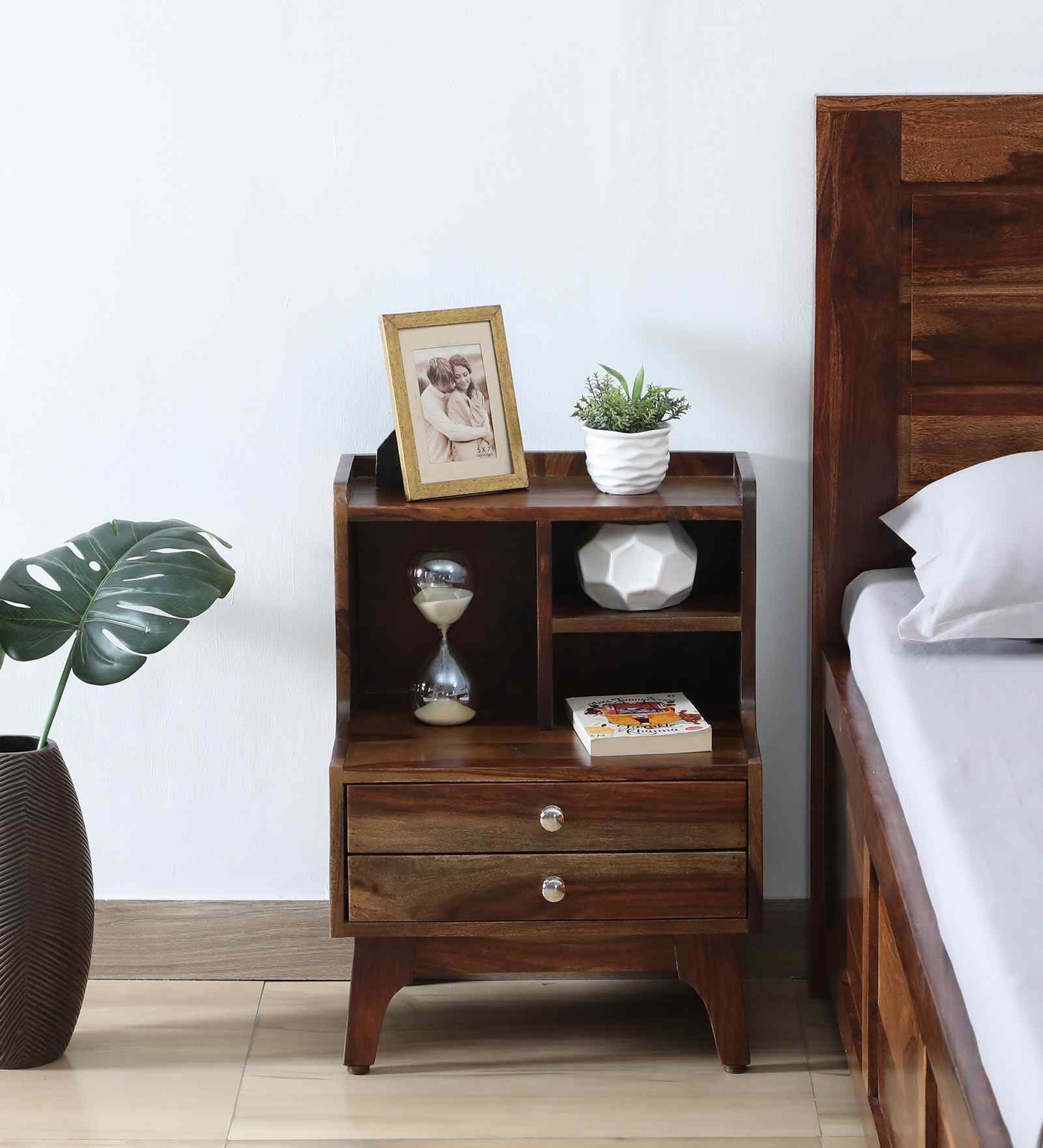 Finnmark Sheesham Wood Bedside Table In Scratch Resistant Provincial Teak Finish With Drawers & Shelve