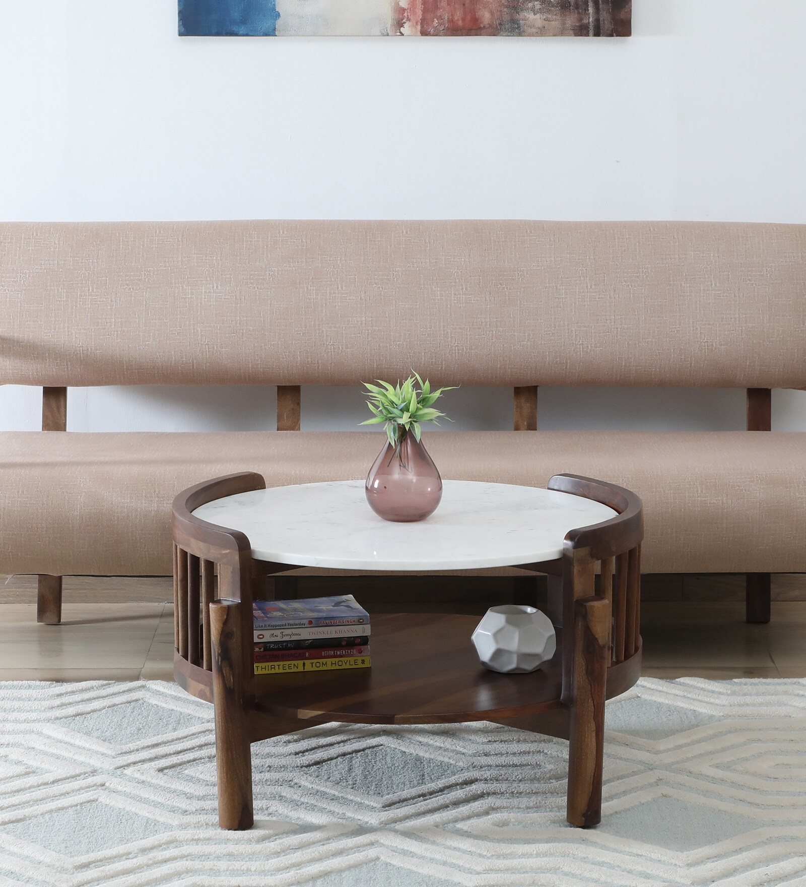 Finnmark Sheesham Wood Coffee Table In Scratch Resistant Provincial Teak Finish With Marble Top