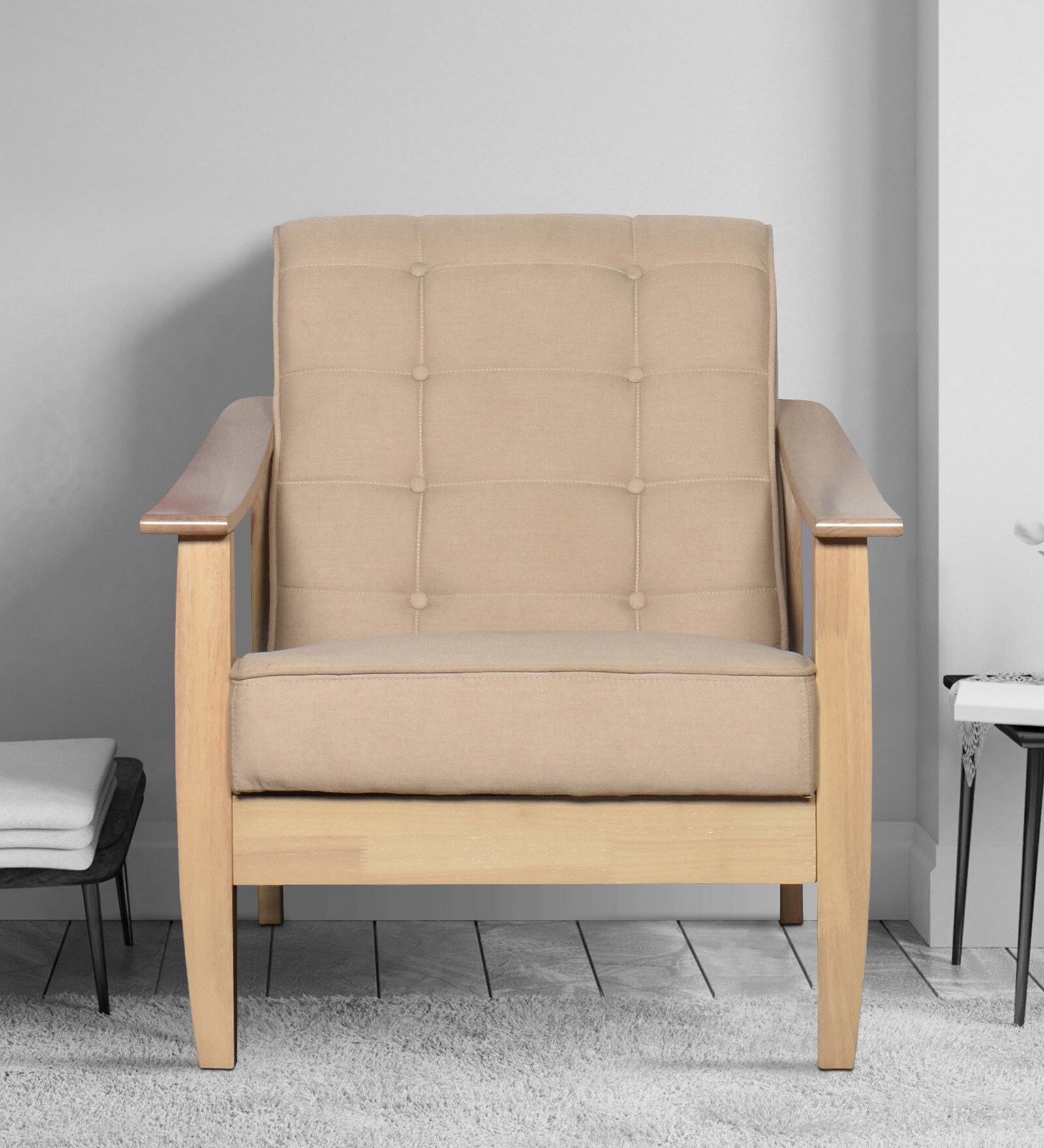 Fiona 1 Seater Wooden Sofa in Beige Colour