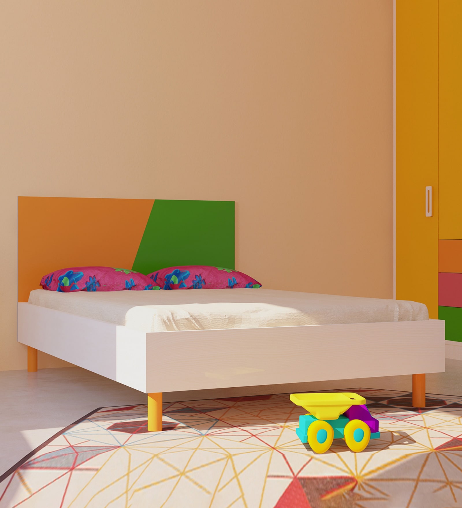 Fiona Compact Double Bed in Light Orange & Verdant Green with Light Woodgrain Finish