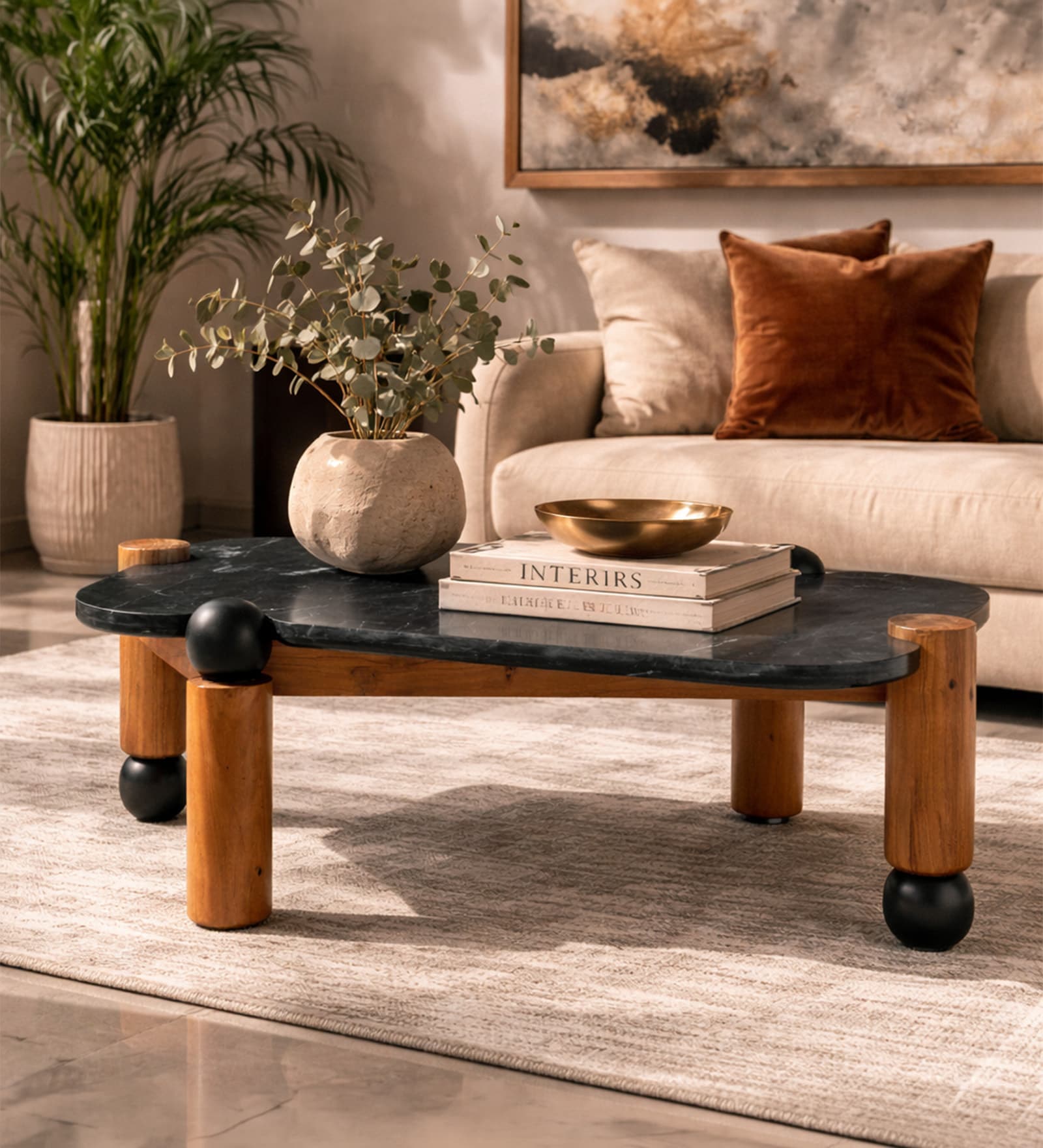 Firenze Black Marble Top Coffee Table In Teak Finish Firenze Black Marble Top Coffee Table In Teak Finish
