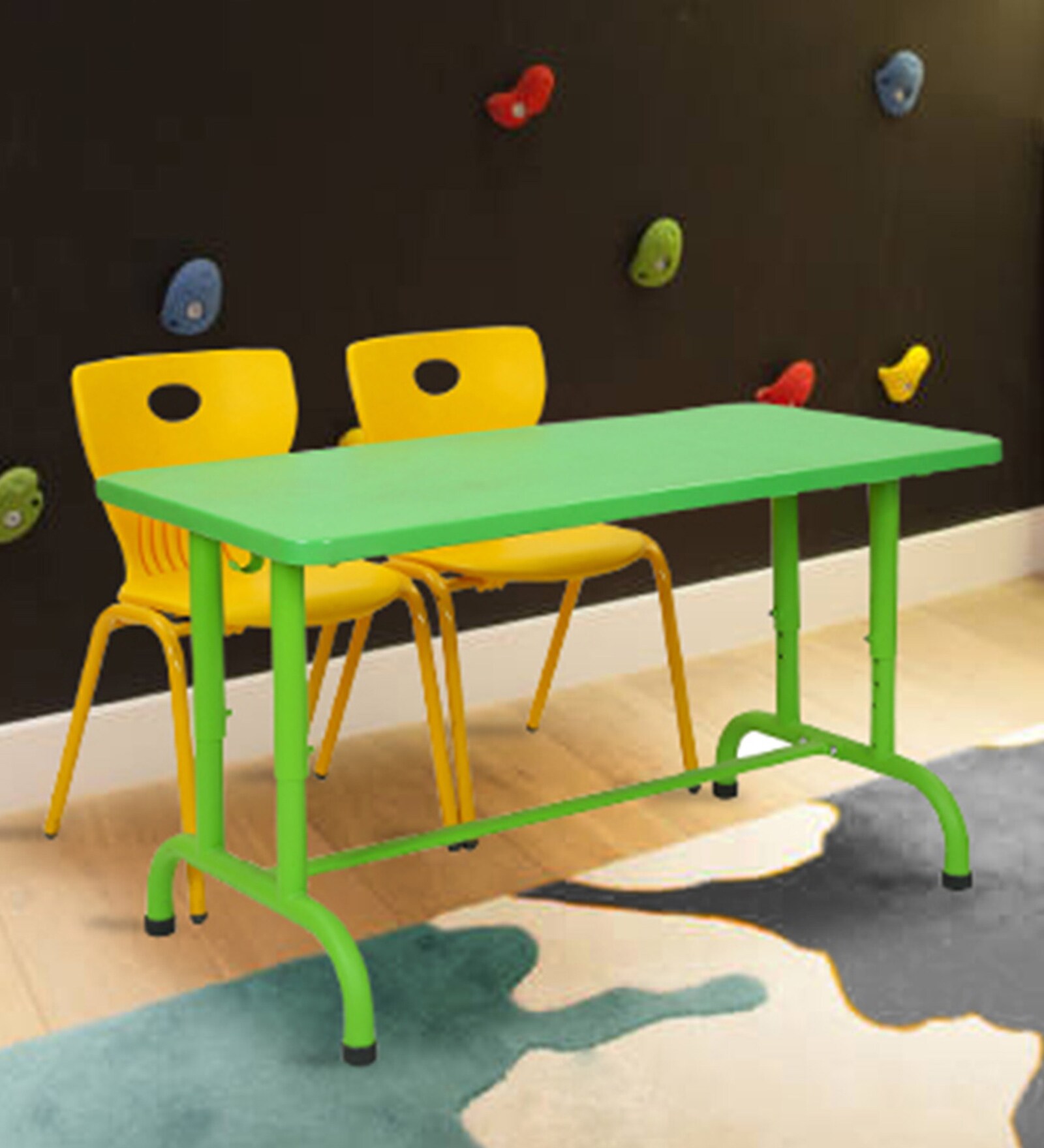 Buy First Desk Plastic Table & Two Chair Set in Green & Yellow Color by