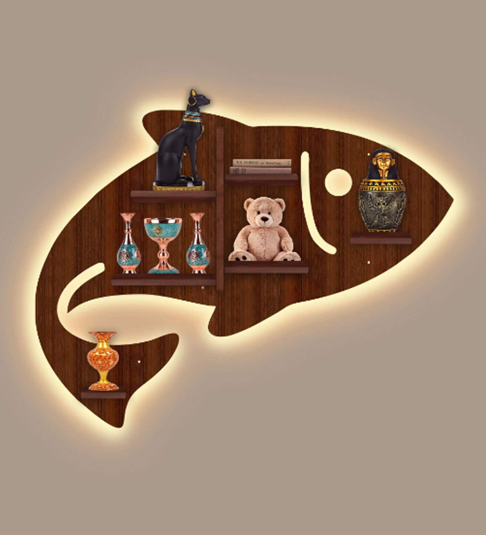 Fish Shape Walnut Wood Wall Shelf