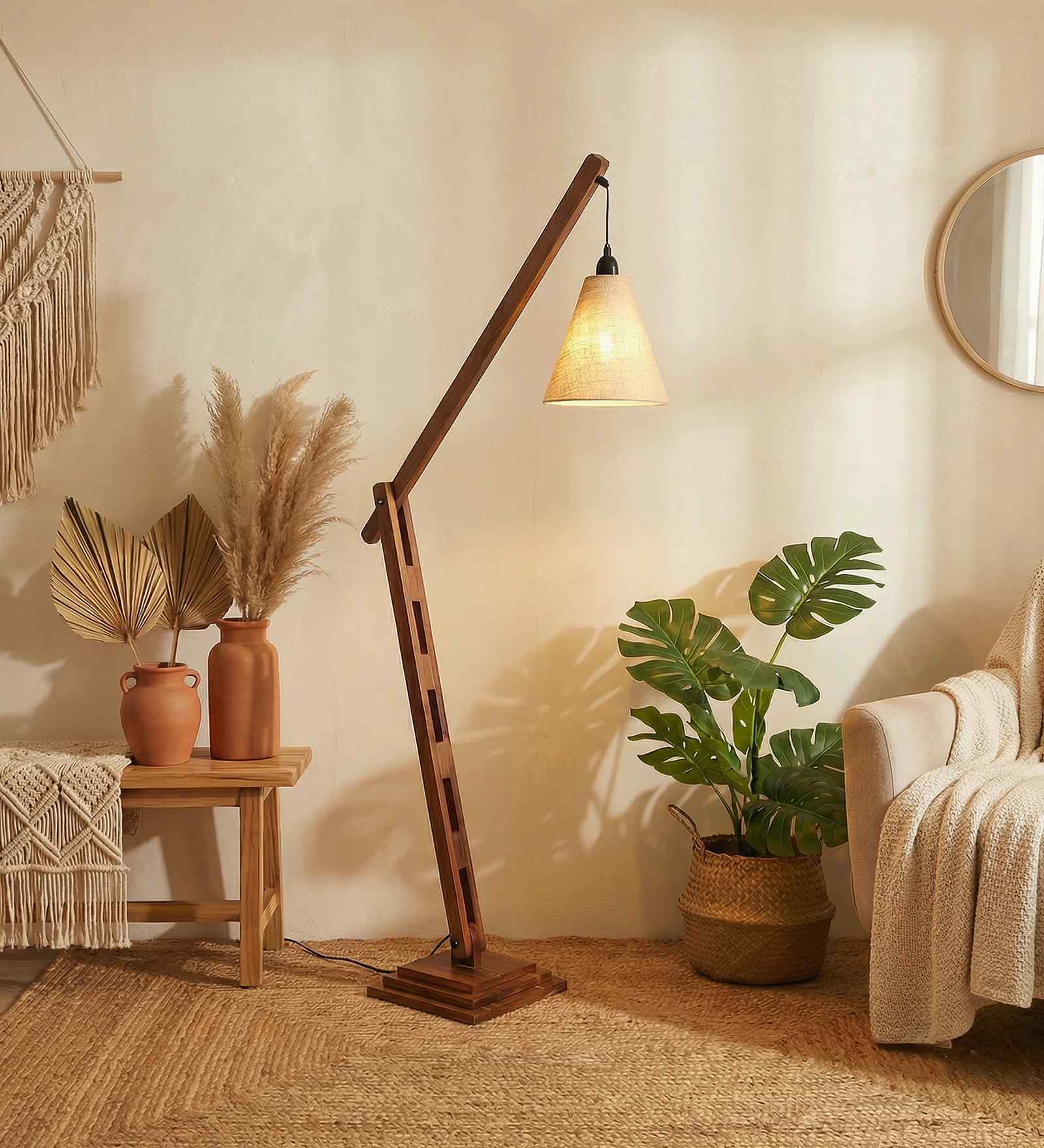 FIsher Wooden Floor Lamp with Jute Shade & Brown Base