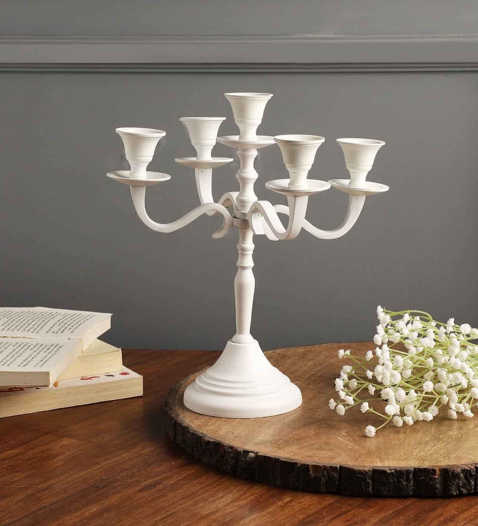 Five Arm Candelabra White Aluminium Candle Holder