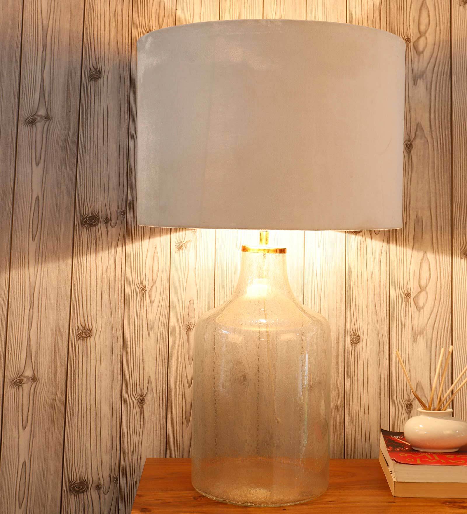 Fizzy Bottle Rugged White Velvet Shade Table Lamp with Transparent Base