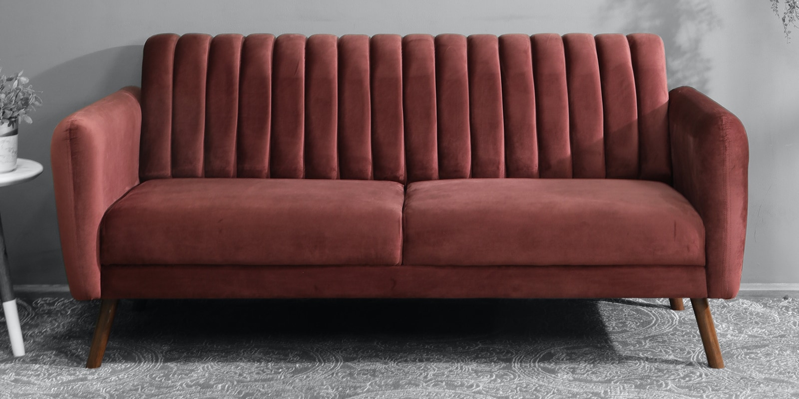 Buy Fidel 3 Seater Velvet Sofa In Wine Red Colour by CasaCraft Online MidCentury Modern Sofa