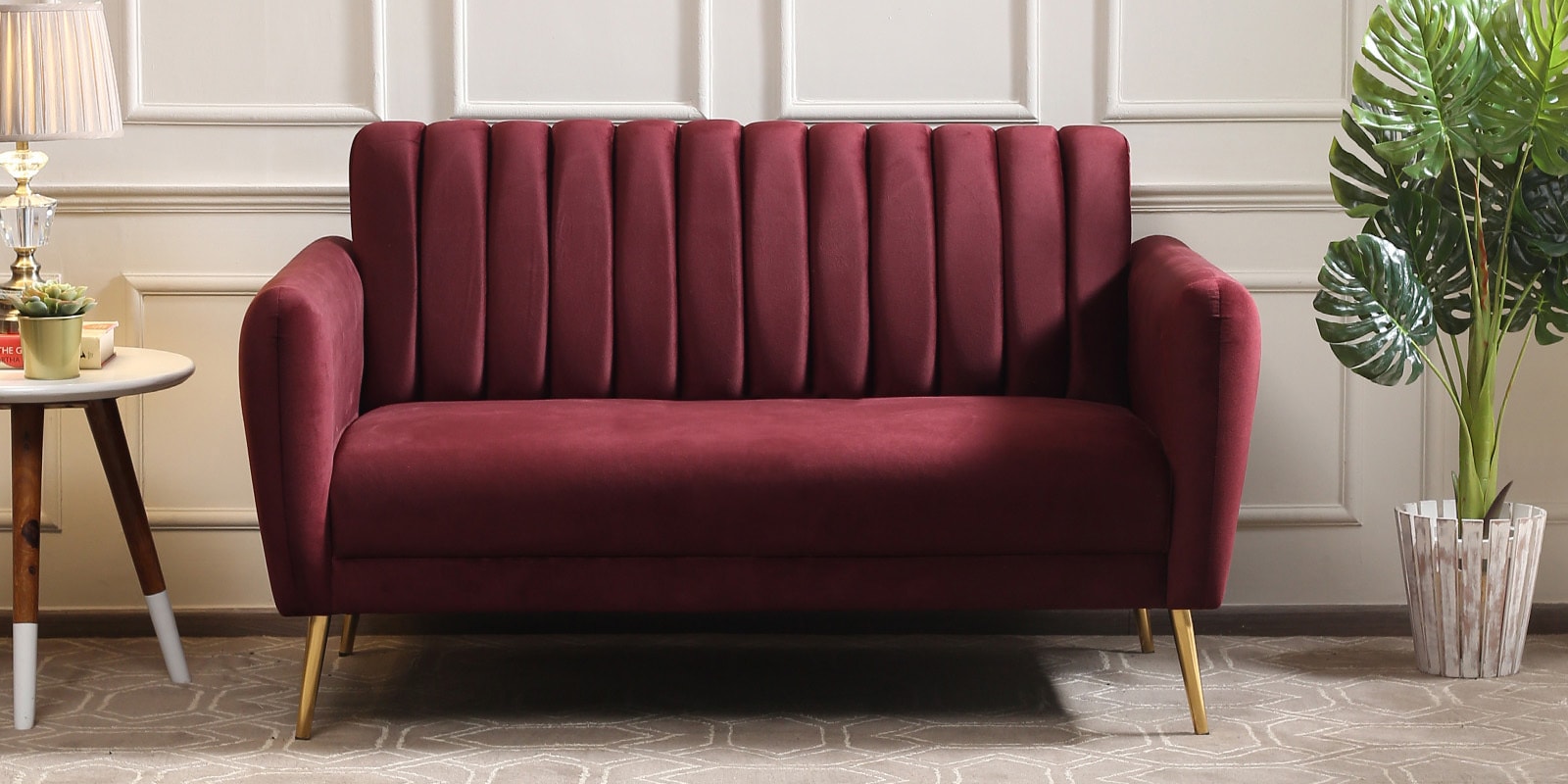 Fidel Velvet 2 Seater Sofa In Wine Red Colour