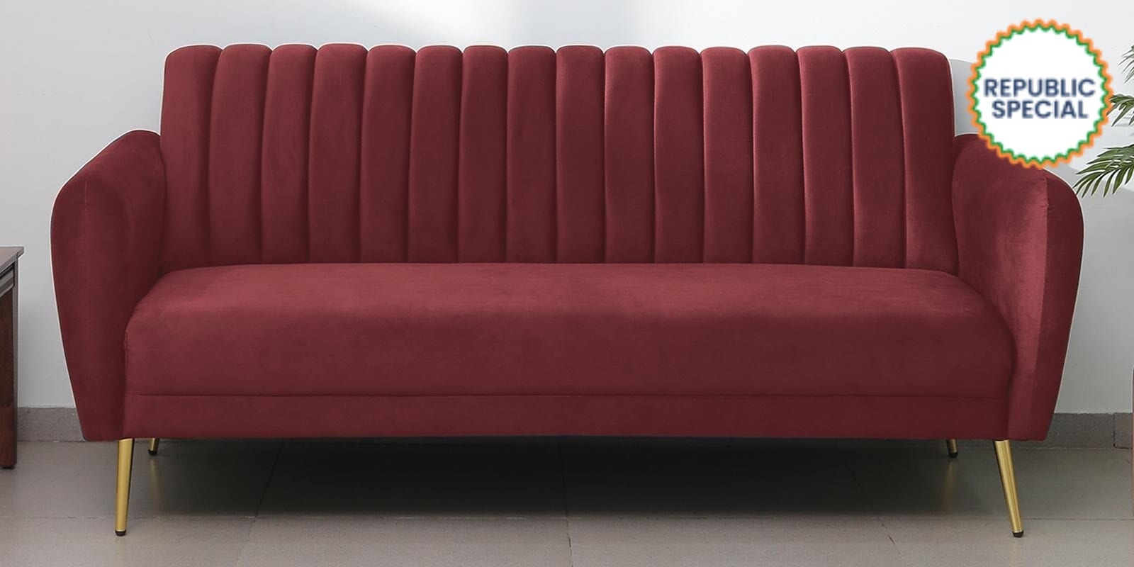 Fidel Velvet 3 Seater Sofa In Wine Red Colour