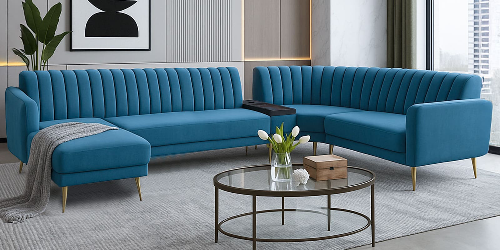 Fidel Velvet Fabric RHS Corner Sofa With Wireless Charger in Teal Blue Color