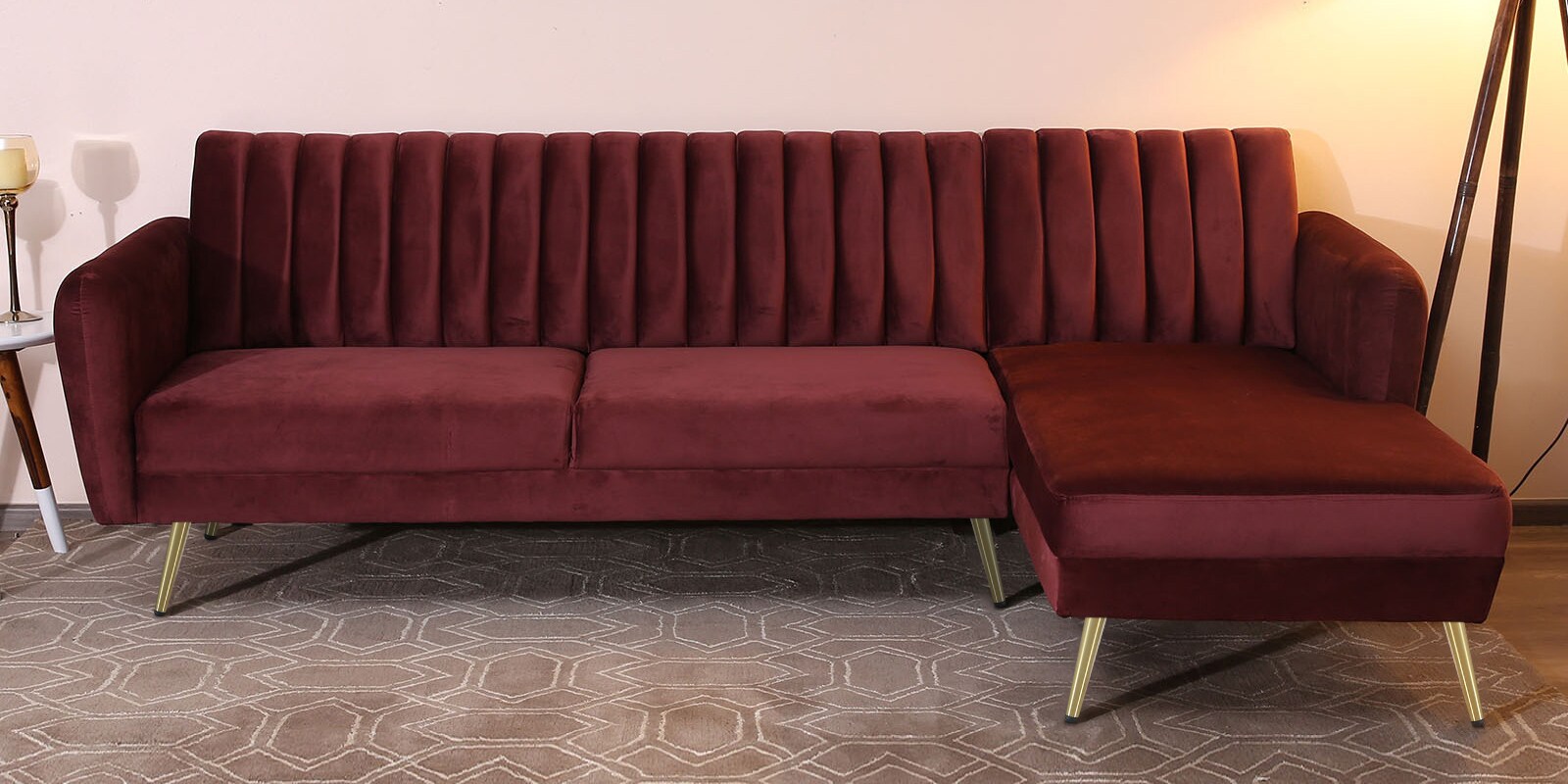 Fidel Velvet LHS Sectional Sofa (3 + Lounger) In Wine Red Colour