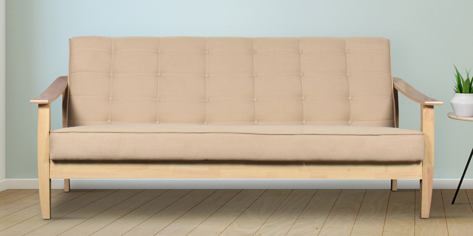 Fiona 3 Seater Wooden Sofa In Beige Colour Fiona 3 Seater Wooden Sofa In Beige Colour
