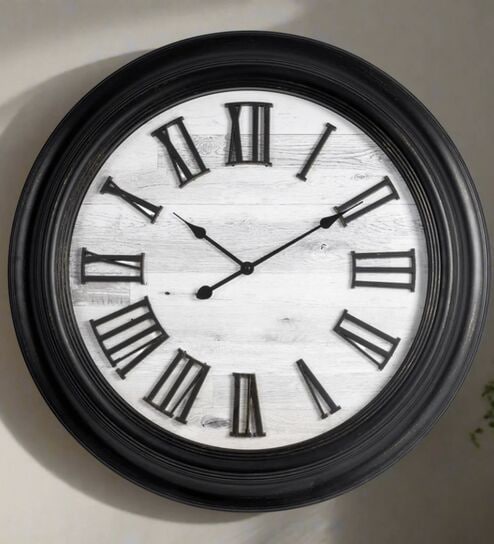 Fiber Wall Clock Roman Big Wooden Design Black 30 Inch
