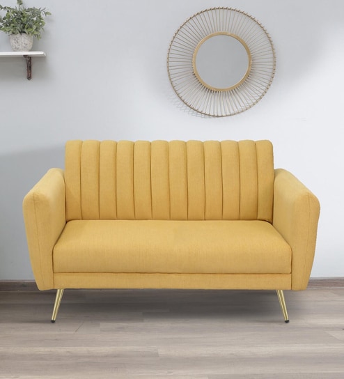 Fidel Chenille Fabric 2 Seater Sofa In Camel Yellow Colour