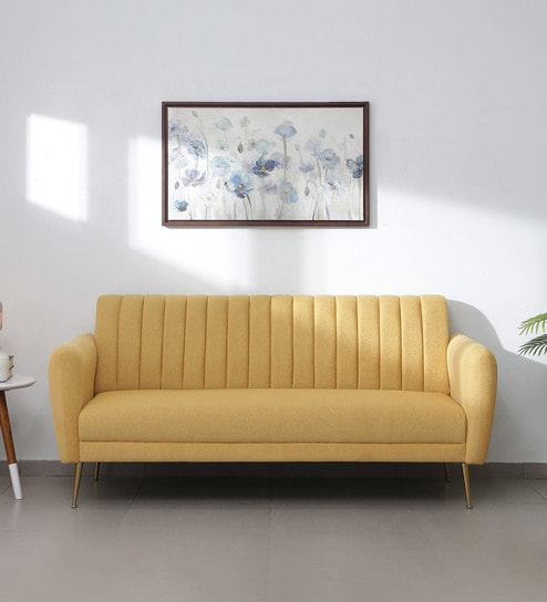 Fidel Chenille Fabric 3 Seater Sofa In Camel Yellow Colour