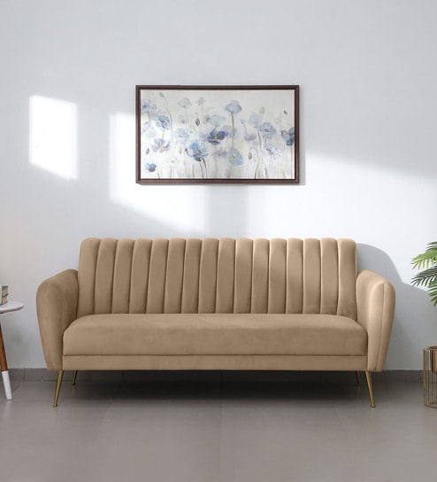 Fidel Velvet 3 Seater Sofa In Beige Colour