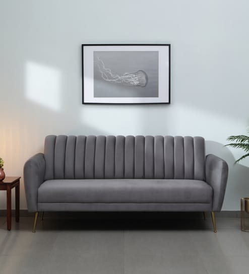 Fidel Velvet 3 Seater Sofa In Fossil Grey Colour