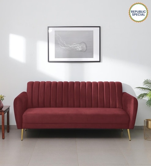 Fidel Velvet 3 Seater Sofa In Wine Red Colour