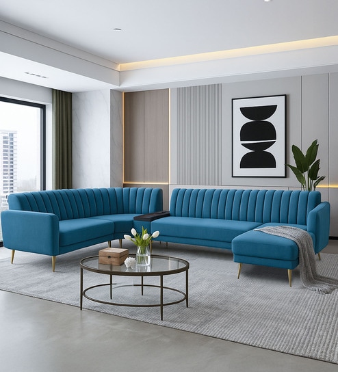 Fidel Velvet Fabric LHS Corner Sofa With Wireless Charger in Teal Blue Color
