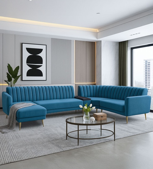Fidel Velvet Fabric RHS Corner Sofa With Wireless Charger in Teal Blue Color