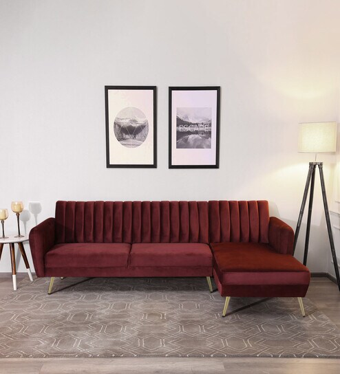 Fidel Velvet LHS Sectional Sofa (3 + Lounger) In Wine Red Colour
