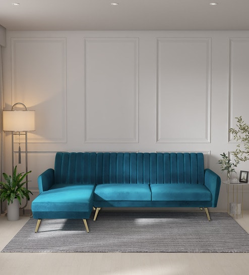 Fidel Velvet RHS Sectional Sofa (3 + Lounger) in Teal Blue Colour