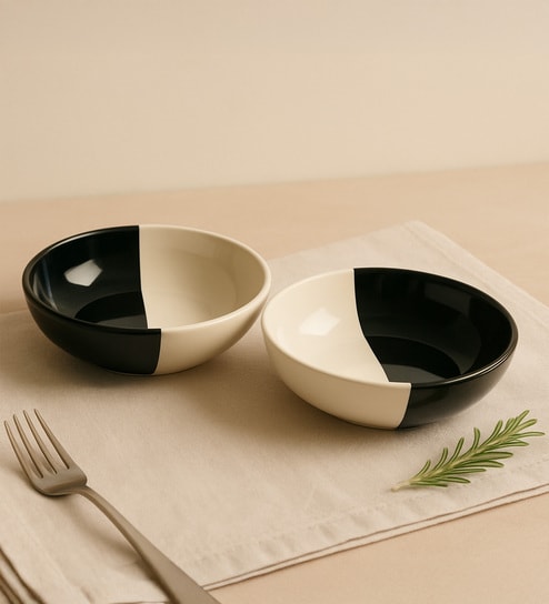 (Set Of 2) Fifty Fifty Stoneware Snack Bowl (Black & White)