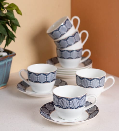 Blue Fine Ceramic Cream Super Cup & Saucer Set Of 12 - 170 ml
