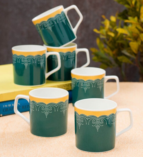 Green Fine Ceramic Director Hilton Tea Cup Set Of 6 - 215 ml each