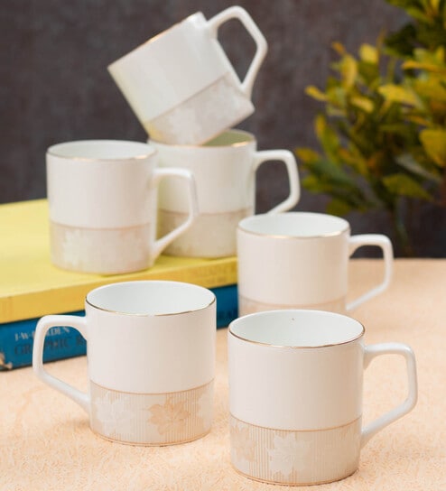 Cream Fine Ceramic Director Royal Tea Cup Set Of 6 - 215 ml each