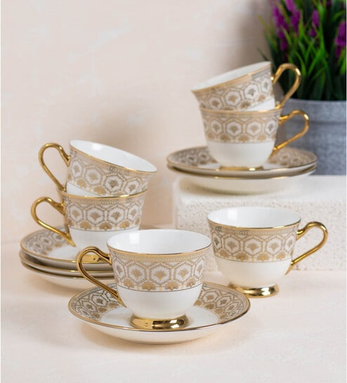 Gold Fine Ceramic Georgian Ebony Cup & Saucer Set Of 12 - 160 ml