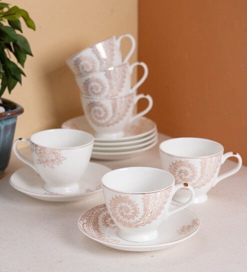 Gold Fine Ceramic King Crysta Cup & Saucer Set Of 12 - 180 ml