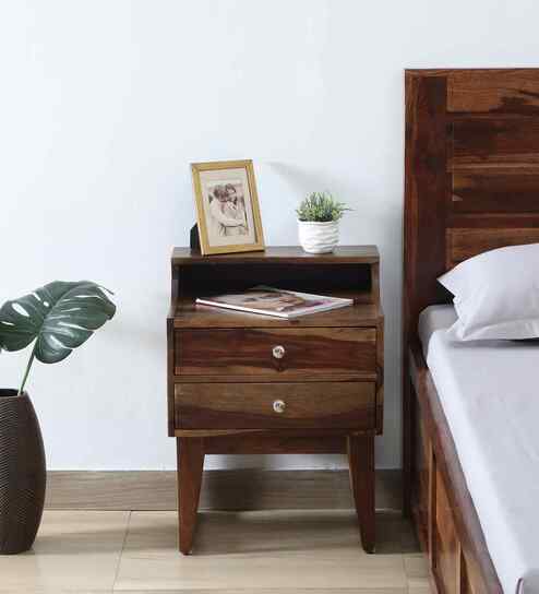 Finnmark Sheesham Wood Bedside Table In Scratch Resistant Provincial Teak Finish With Drawers