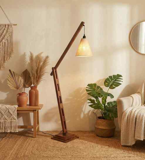 FIsher Wooden Floor Lamp with Jute Shade & Brown Base