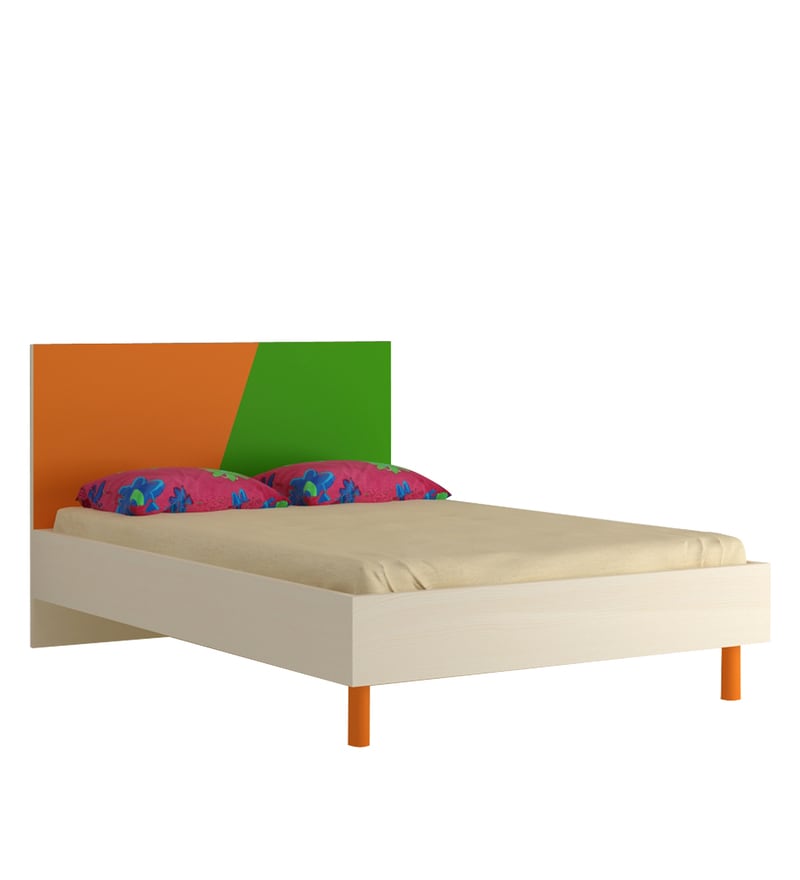 Buy Fiona Compact Double Bed in Light Orange & Verdant Green with Light Woodgrain Finish by