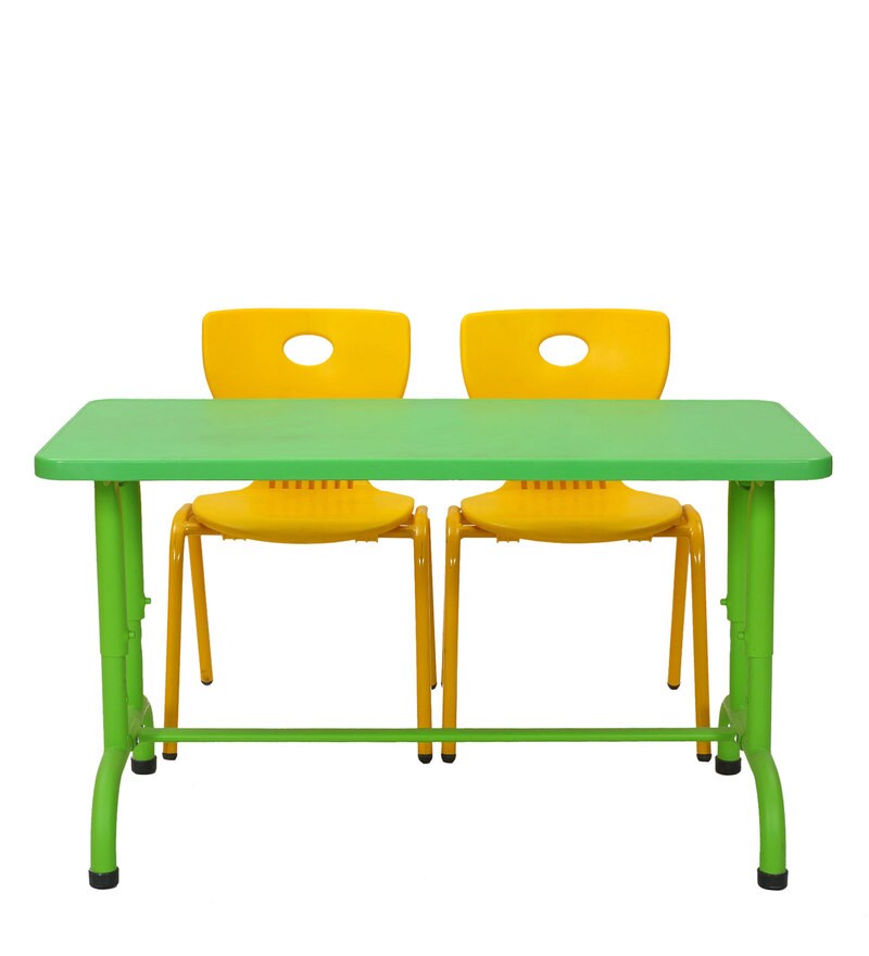 Buy First Desk Plastic Table & Two Chair Set in Green & Yellow Color by