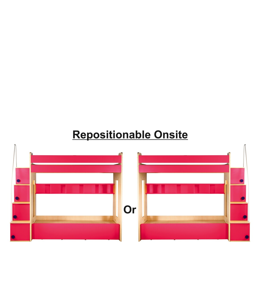 Buy Trundle Bunk Bed with Shelves & Hydraulic Storage in Pink Colour By